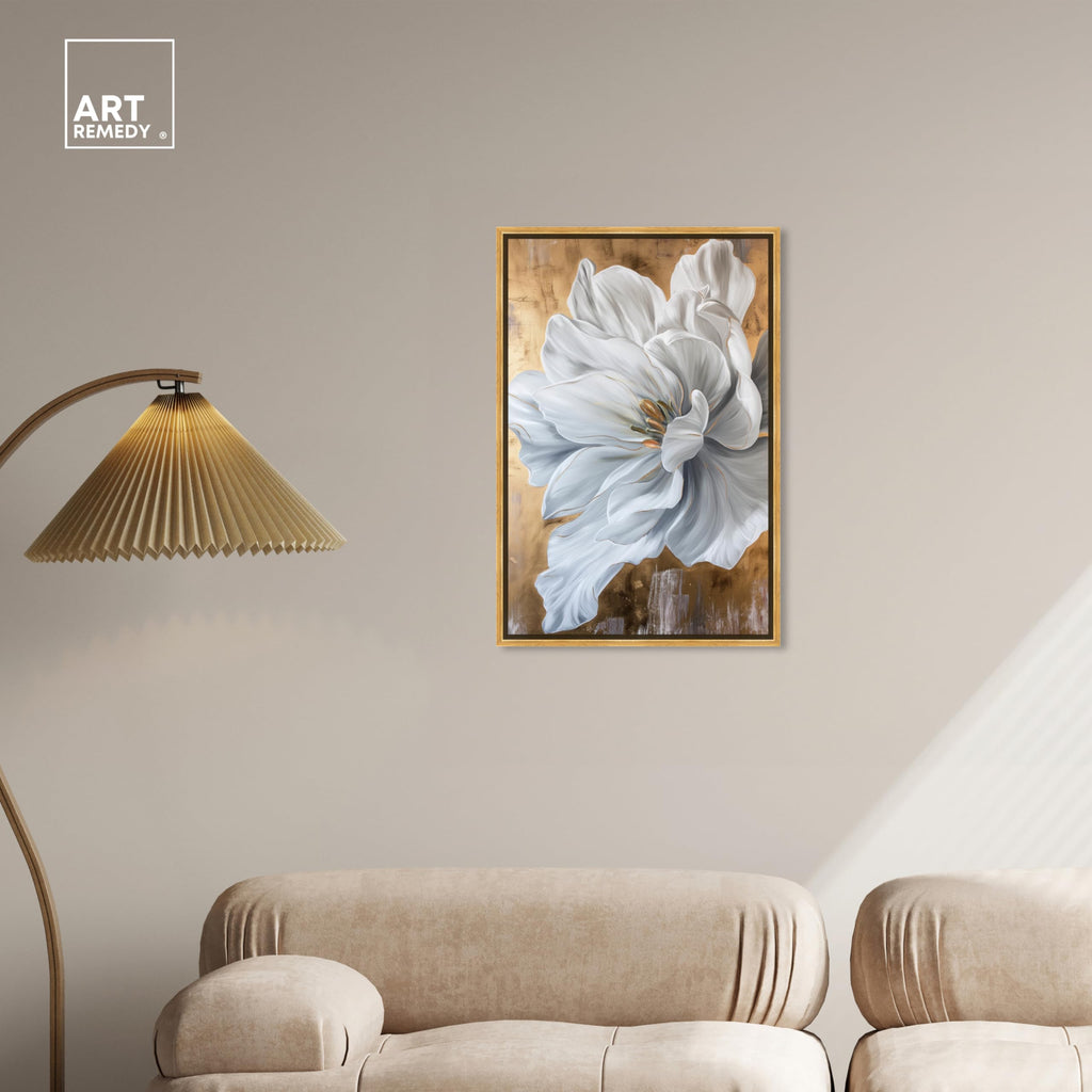 Bloom White Petals Framed Floral Fine 1 Piece Canvas Wall Art, 21.5" x 31.5", Gold Frame