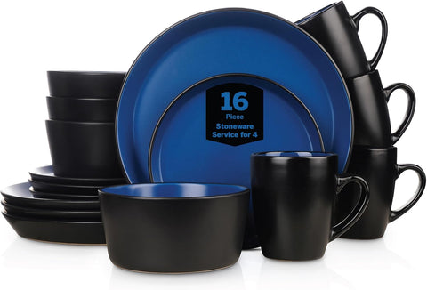 Albie Stoneware 16-Piece Modern Dinnerware Set, Kitchen Plates and Bowls Sets, Service for 4, Blue and Black