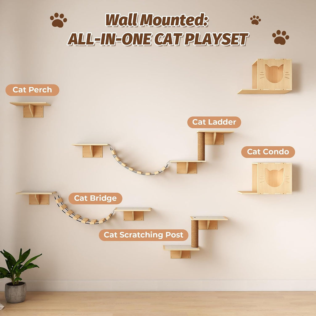 Cat Wall Shelves, Wood 8-in-1 Cat Wall Furniture Set, Large Cat Shelves for Wall with Scratching Post, Cat Climbing