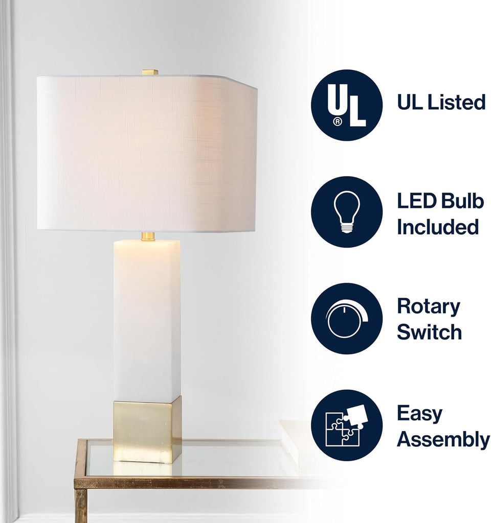 29" Brass Gold/White Metal and Marble Table Lamp, Contemporary Transitional Bedside Lamp, White Linen Rectangle Shade