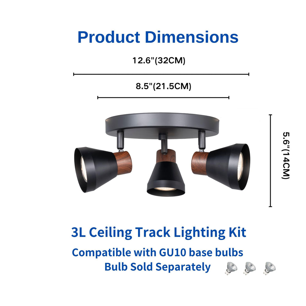 Modern Track Lighting Kit Black Faux Wood Accent,Adjustable GU10 Flush Mount Ceiling Fixture Pivot