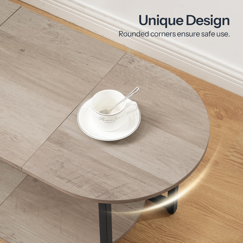 Coffee Table, Oval Small Coffee Table with 2-Tier Open Storage Shelf, Industrial Cocktail Tea Table, Wooden Desktop