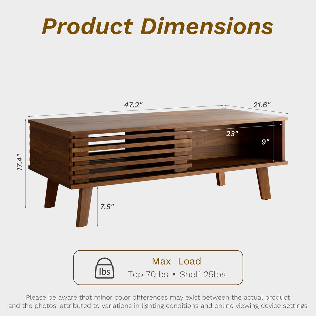 Mid Century Modern Coffee Table, Wood Coffee Table with Storage, Walnut