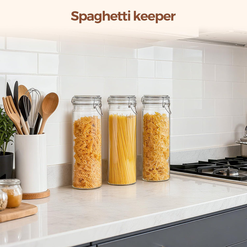 Tall Glass Pasta Containers with Airtight Lids 68 oz 3 Pack Canister