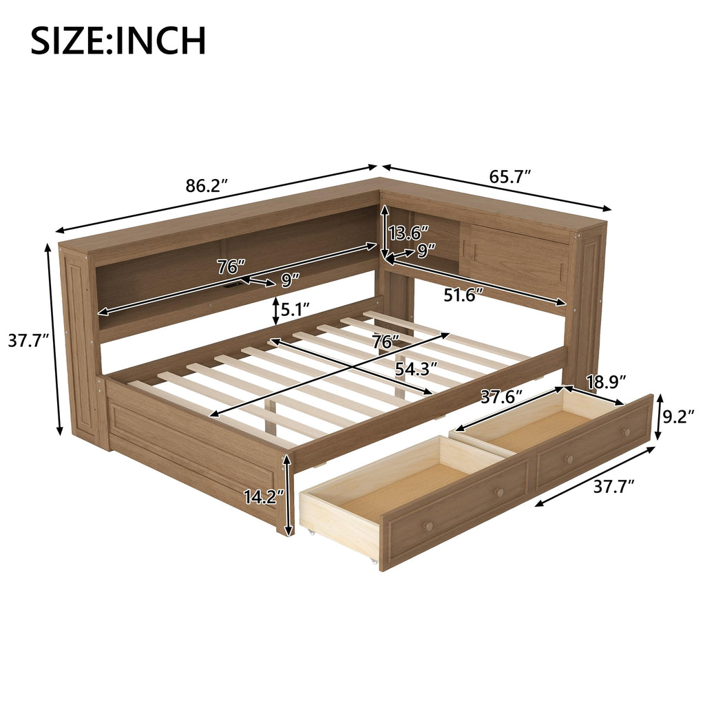 Full Size Daybed with Storage Drawers and Shelves, Antique Wood