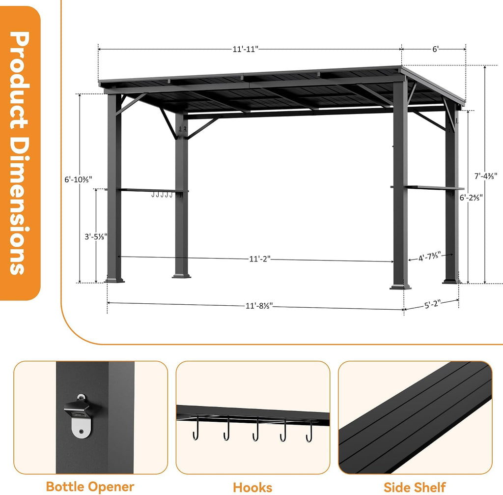 Grill Gazebo 6'x12'with Side Shelf, Outdoor Hardtop Gazebo with Bottle Opener & Hooks