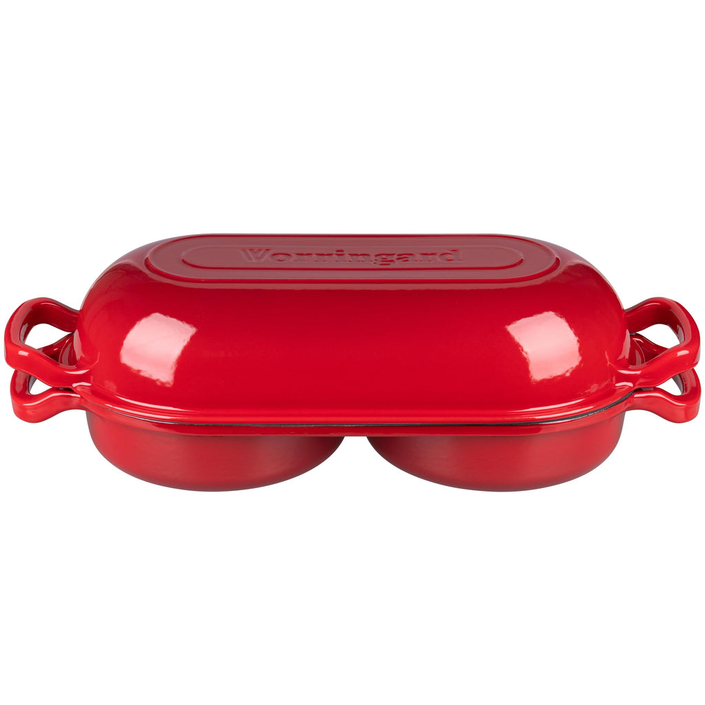 Enameled Cast Iron Double Dutch Oven with Lid, Dual Round Loaf Pan, Bread pan made Sourdough Bread Baking, Red