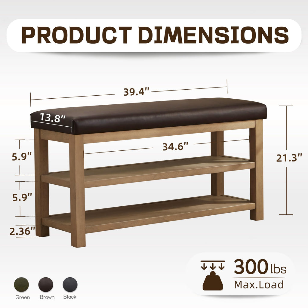Shoe Rack Bench with Leather Cushion, 2 Tier Solid Wood Storage Bench, Mid-Century Modern Shoe Bench, Closet, Front