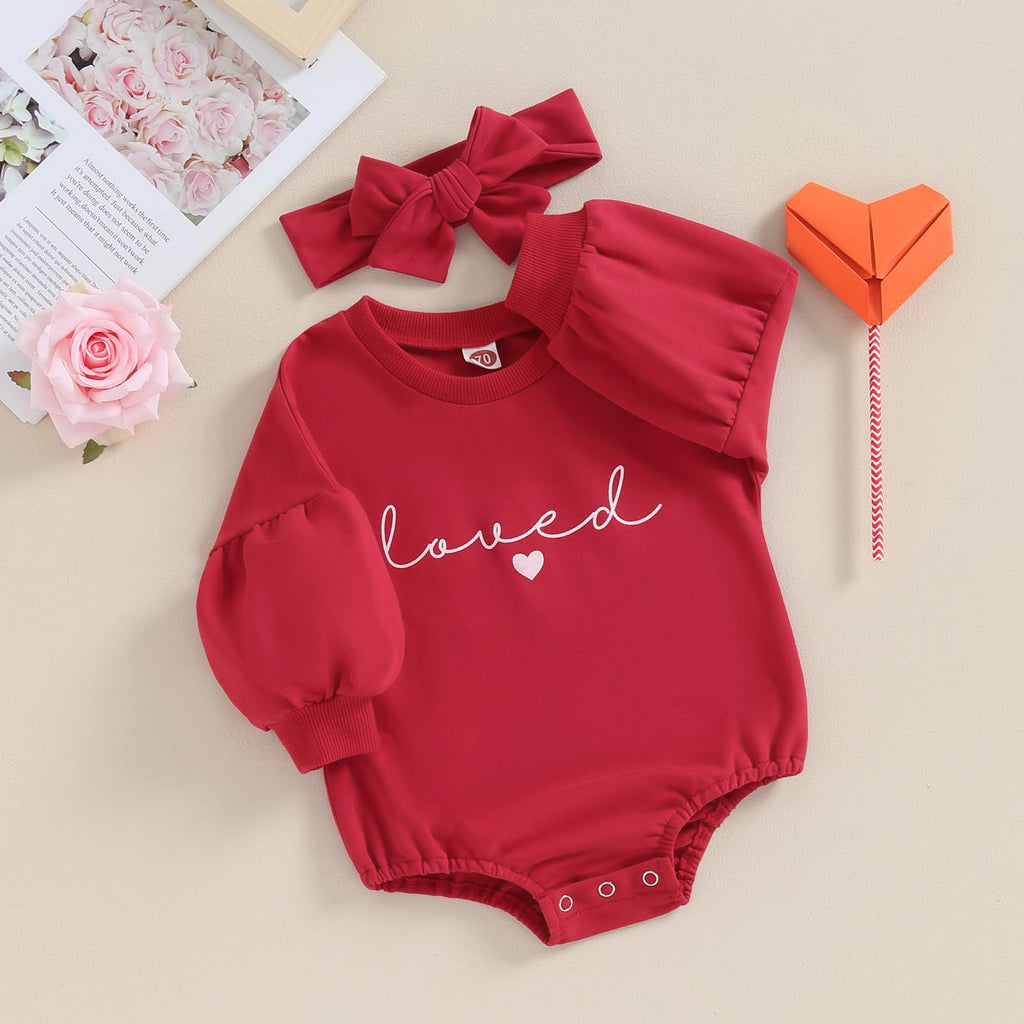 Newborn Baby Girl Valentines Clothes Long Sleeve Onesie Bubble Romper Fall Winter Cute Outfits (Puff Sleeve Red, 0-3