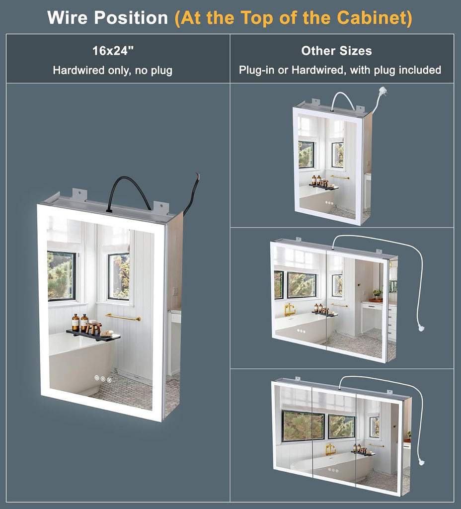 16x24 Inch Medicine Cabinet with Lights, Lighted Medicine Cabinet with Mirror, AL Alloy Frame, Hardwired, Recessed or