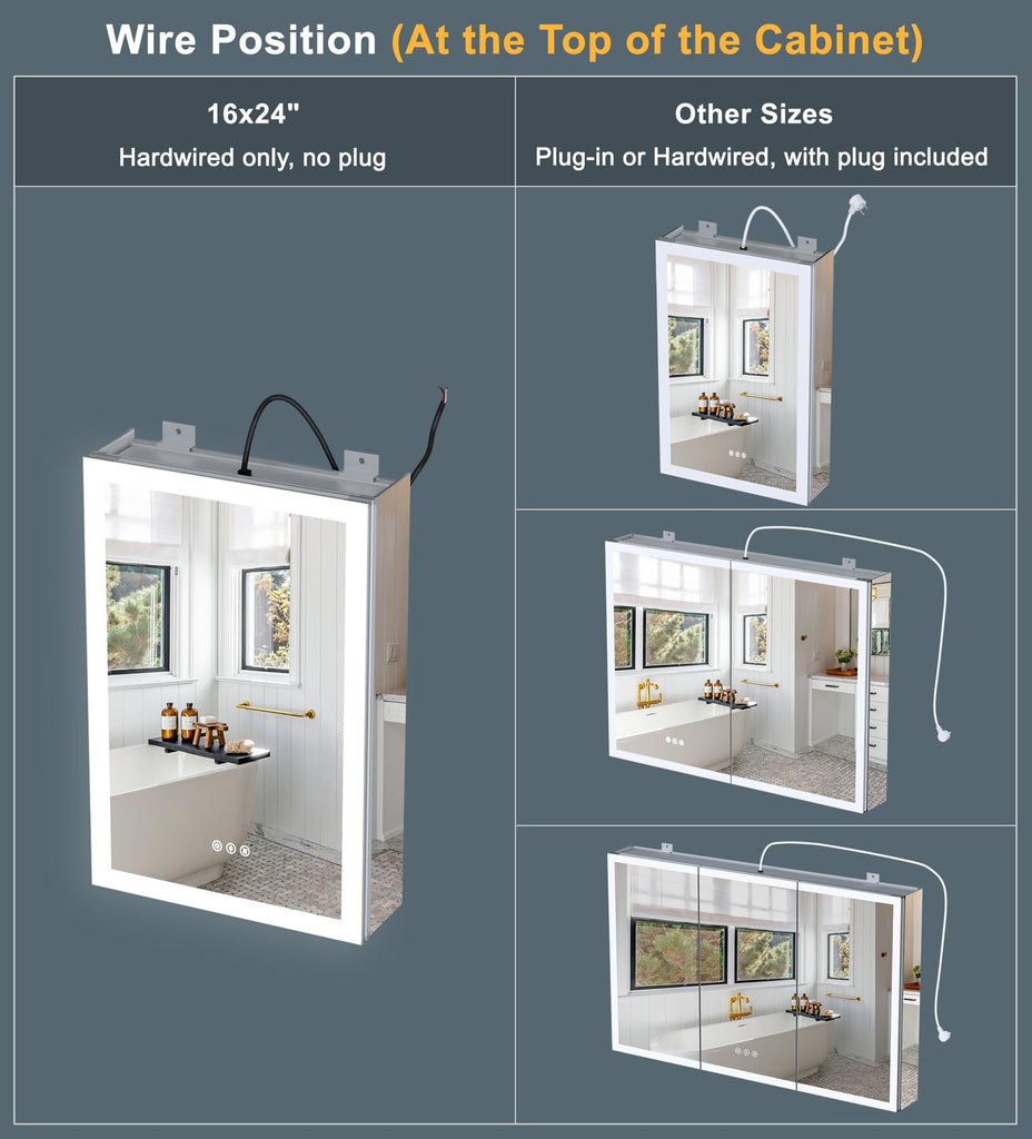 24x30 Inch Lighted Medicine Cabinet with Mirror, AL Alloy Frame, Plug-in or Hardwired, Recessed or Surface Mount, 3