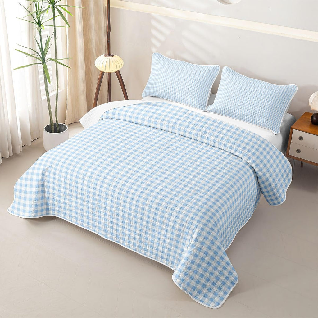 Blue Plaids Quilt, Vintage Checkered Quilt Set for All Season, Cute Geometric Coverlet with 2