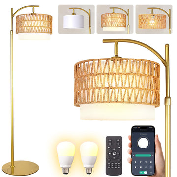 Rustic Woven Rattan Floor Lamp - Golden Finish, Arc Design, 12W LED (1 in use + 1 Spare), Remote & Dimmable 3-Color