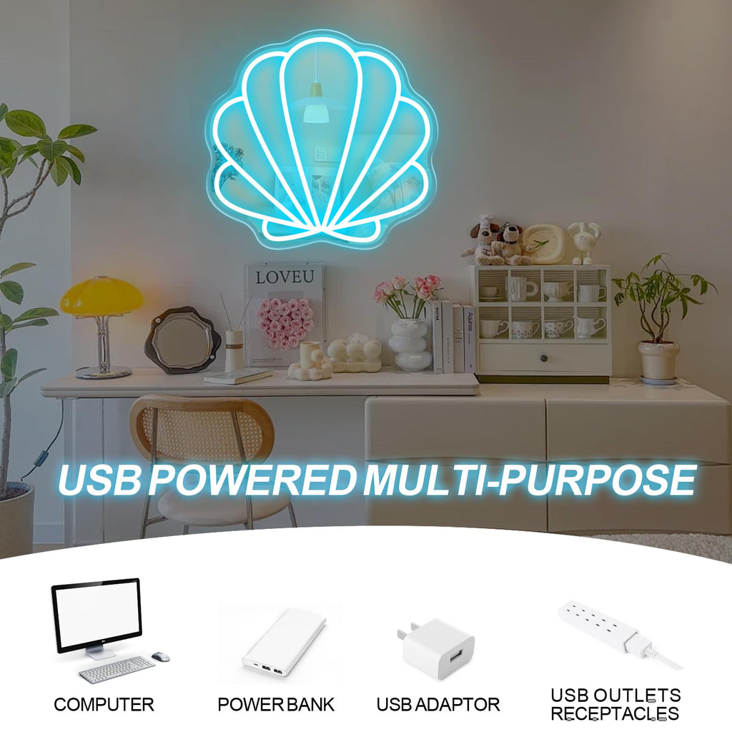 Seashell Mirror Neon Sign - Ice Blue Shell Led Light Bedroom