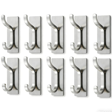 Adhesive Wall Hooks for Towel/Coat, 13Lb Stick-On Hook, Brushed Silver 10 PCS