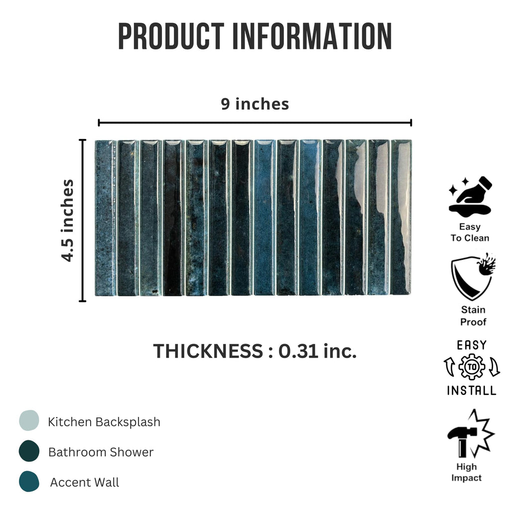 Scandia Glossy Ocean Blue 4.5x9 Ribbed Porcelain Wall Tile, 3D KitKat Fluted Decorative Tile Backsplash, Bathroom