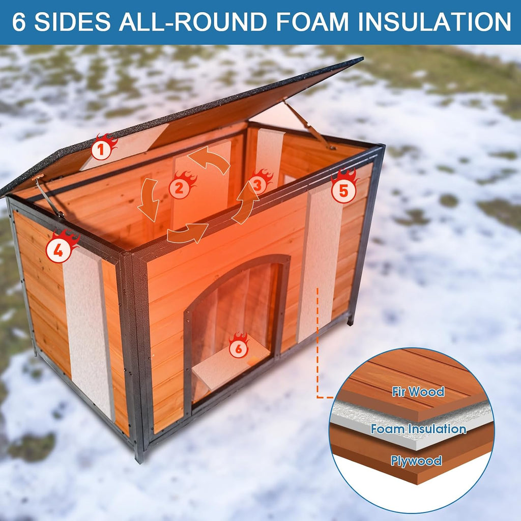 Outdoor Insulated Wooden Dog House Weatherproof Chew Resistant Metal Frame
