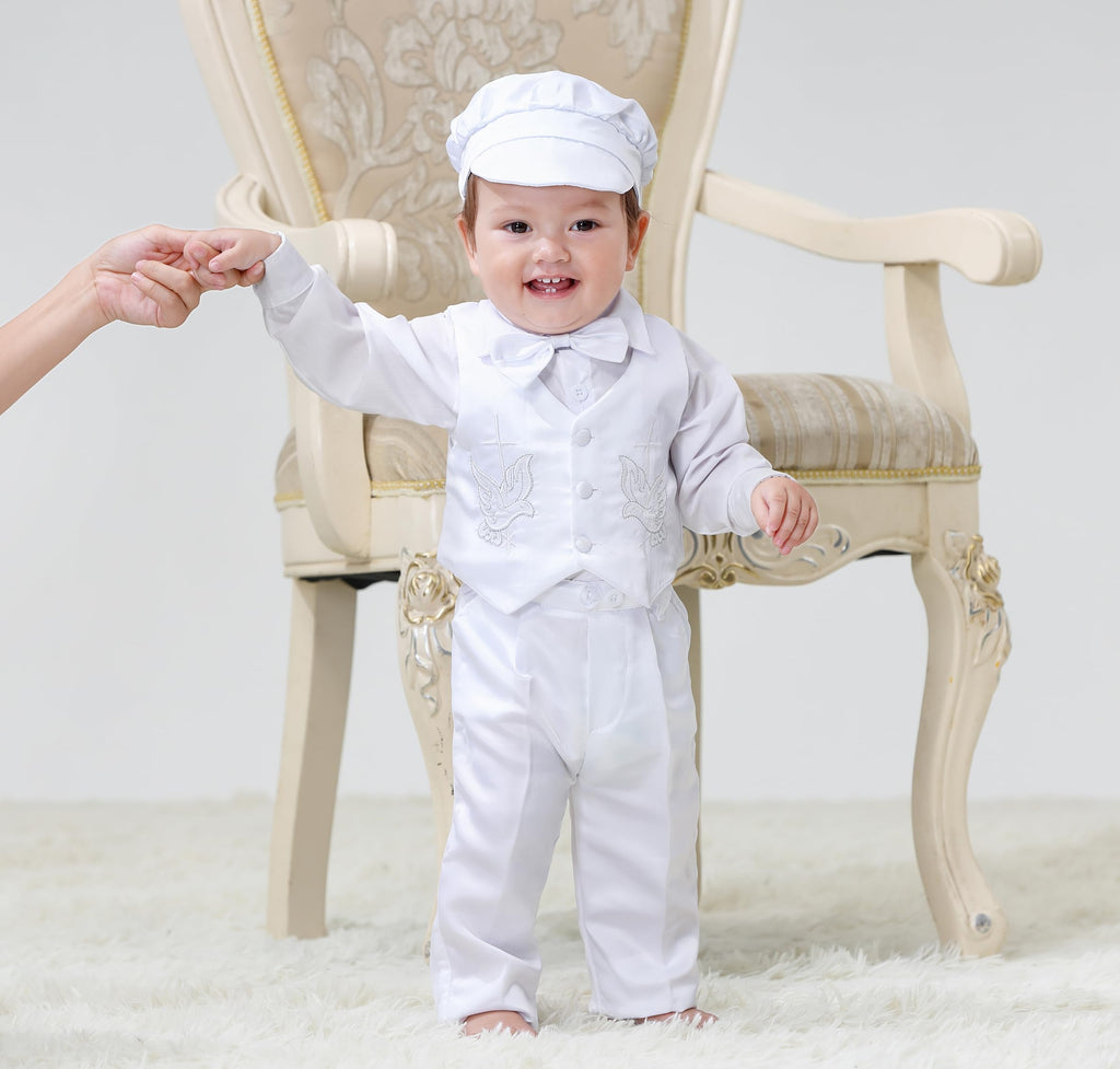 Baby Boy Satin Baptism Clothes Christening Outfit with Bonnet 5 Pieces Set Formal White Suit Months Style D