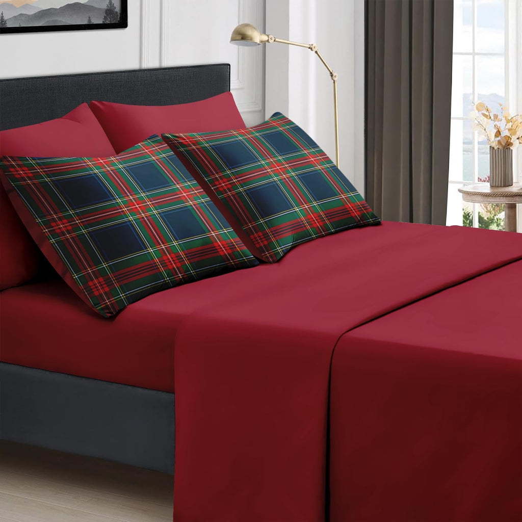 Comforter Set with Sheets, 7 Pieces Tartan Plaid Bedding