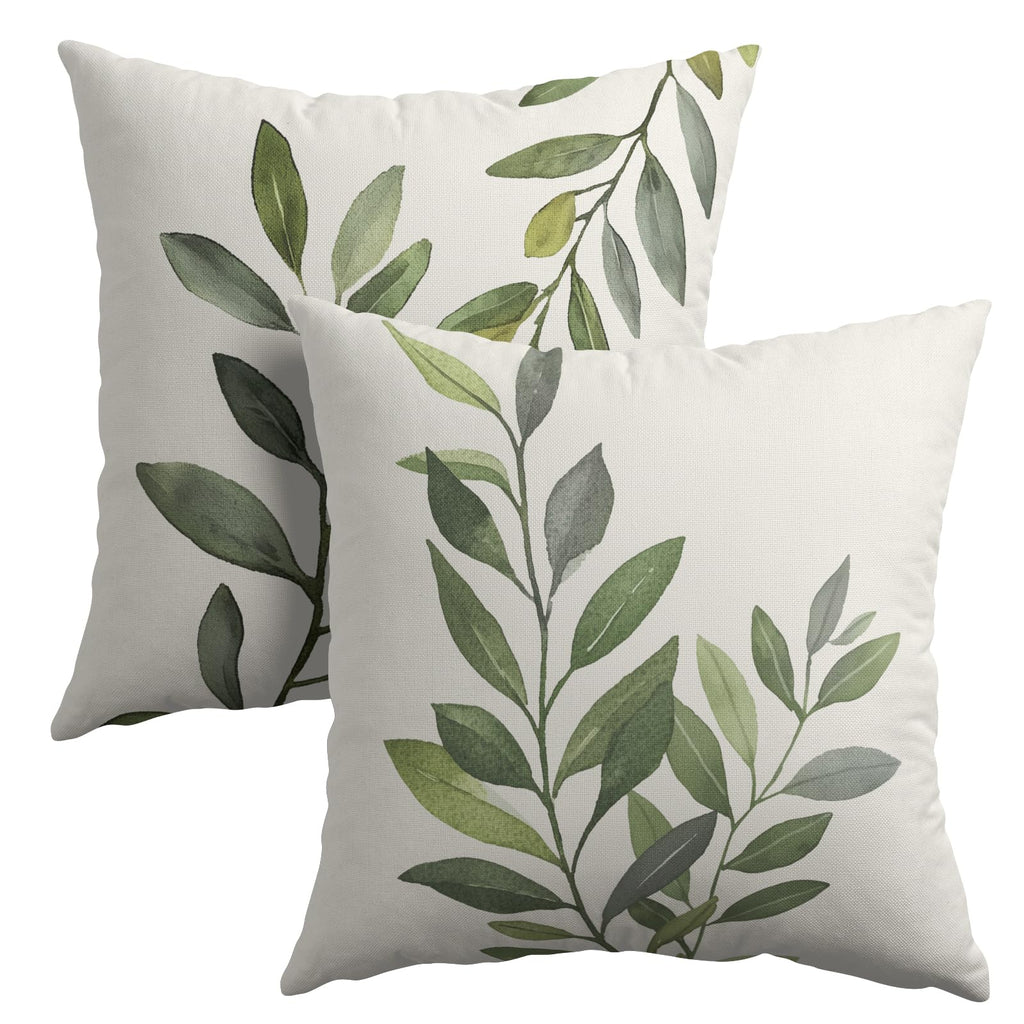 Olive Leaves Throw Pillow Covers 22x22 Inch Rustic Green Leaf Grey Square Pillowcases Cotton Linen Cushion Cover for