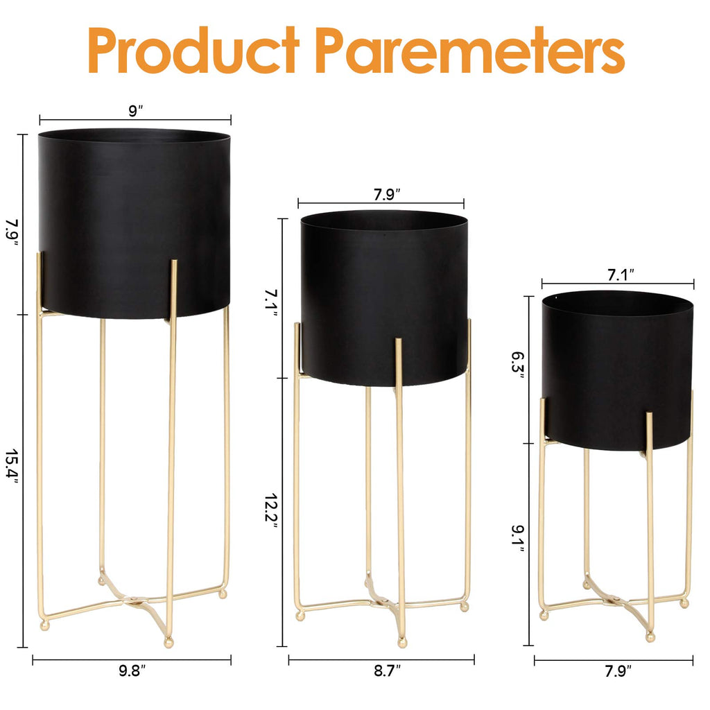Modern Planters Stand with Pot, Mid Century Tall Black Planter with Gold Plant Stand, Floor Planter for Indoor Plants