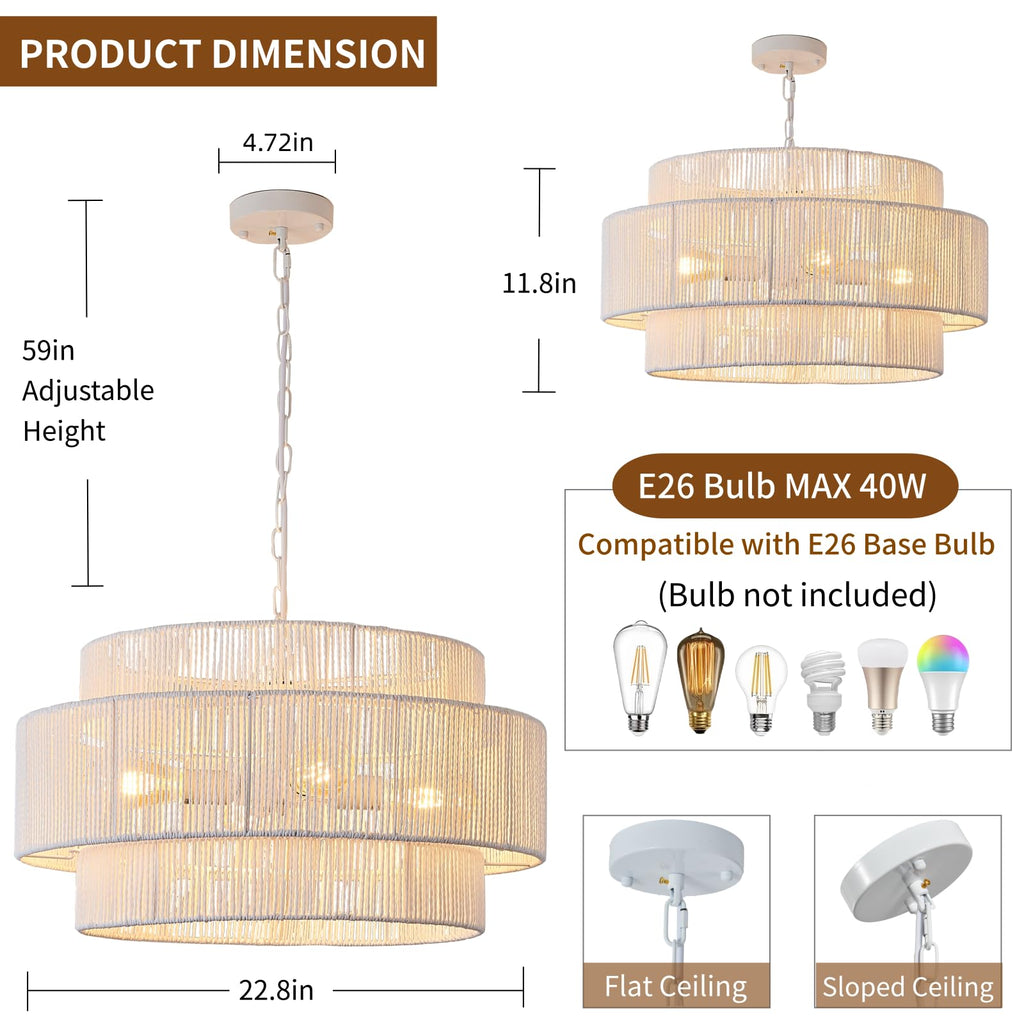 4-Light Large White Rattan Chandeliers, 22.8in Boho Coastal Pendant Lights