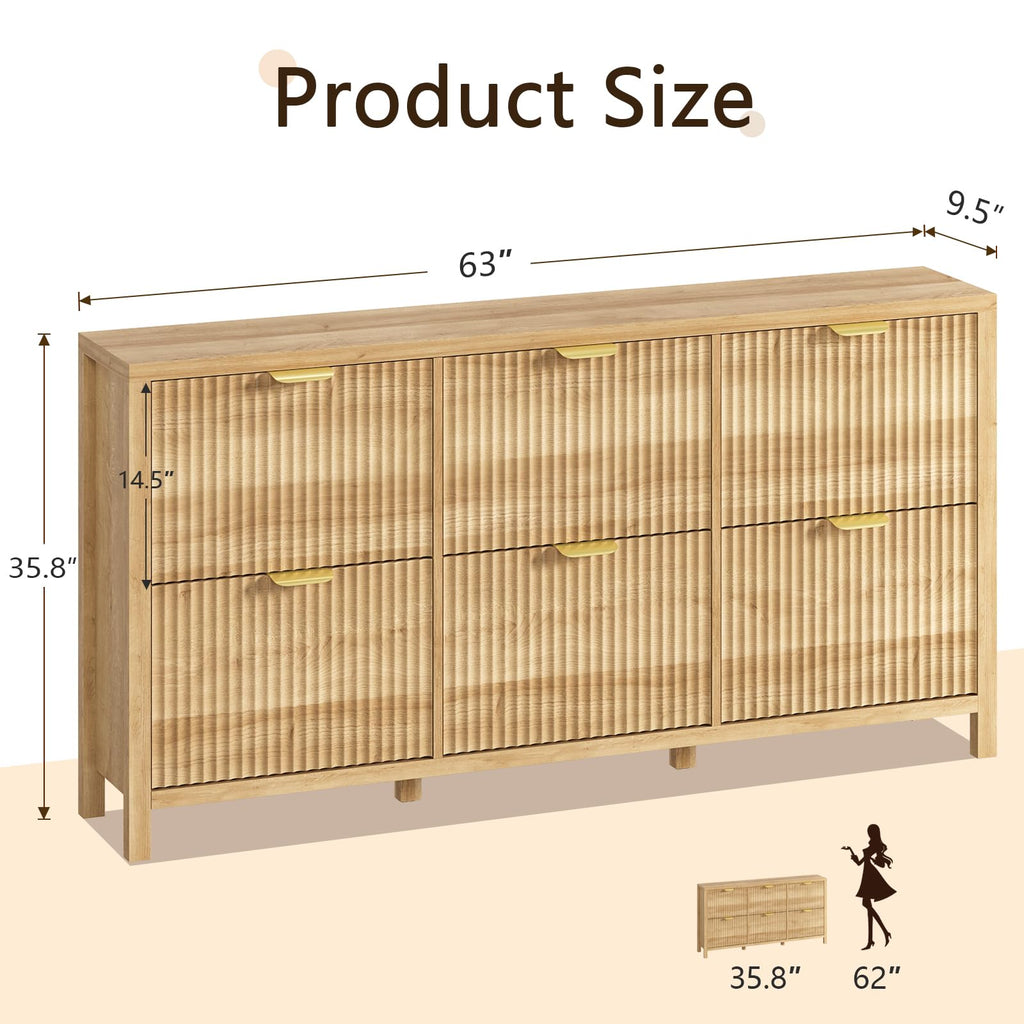 63" Shoe Cabinet Storage, Fluted Shoe Cabinet with 6 Flip Drawers, Hidden Shoe Rack Freestanding Wooden Shoe