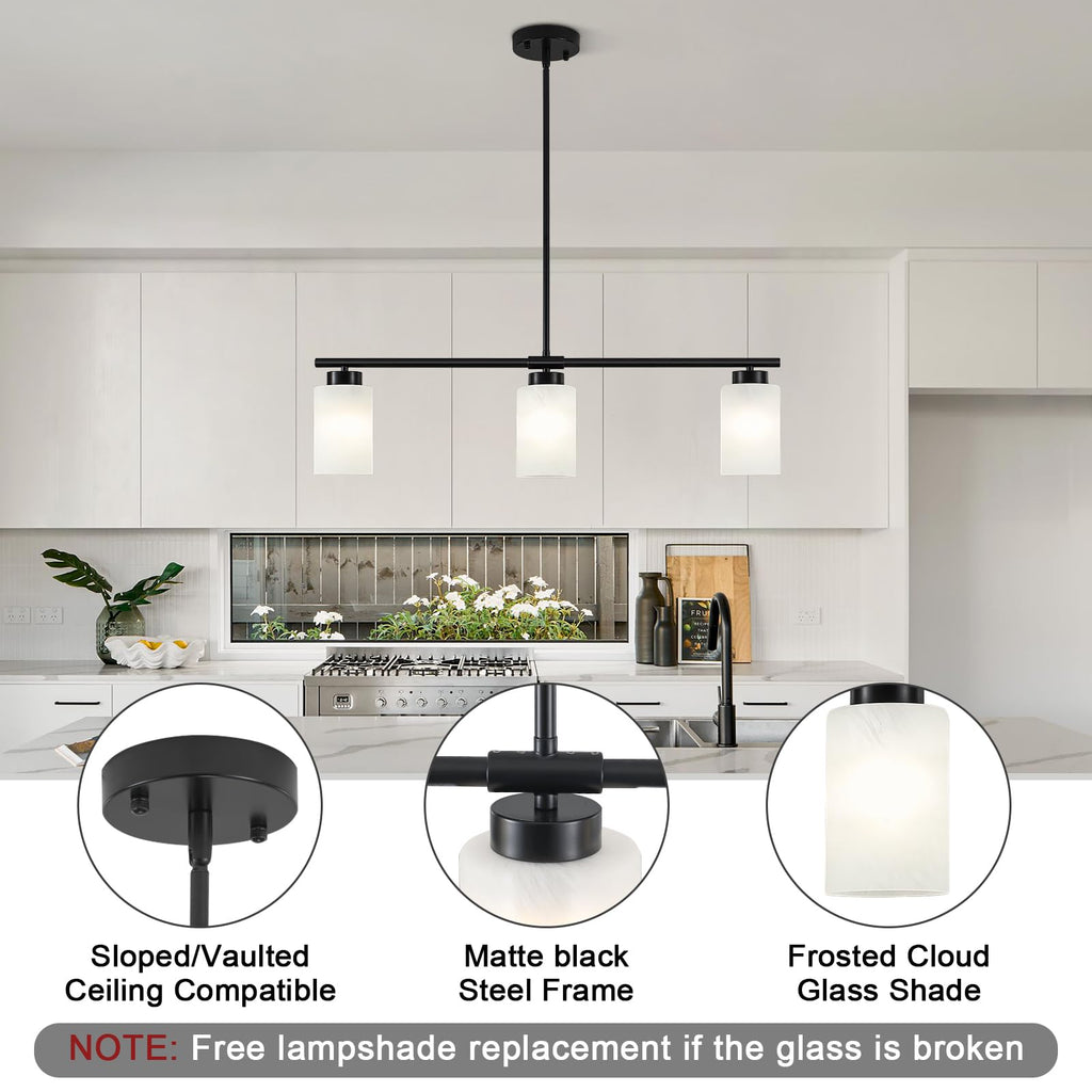 31" Kitchen Island Lighting 3 Light Black Pendant Light Island with Milk Glass Shade Modern Linear Chandelier