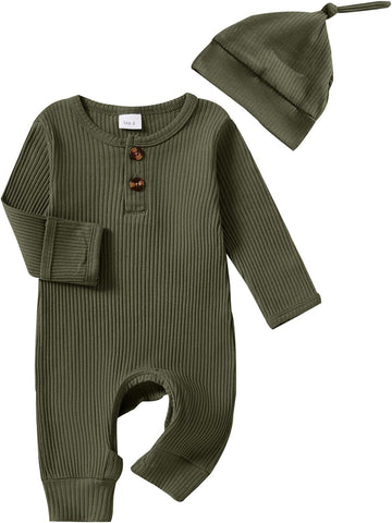 Infant Boys Girls Clothes Set Baby Romper Hat Ribbed Knit Long Sleeve Button Solid Bodysuit Jumpsuit