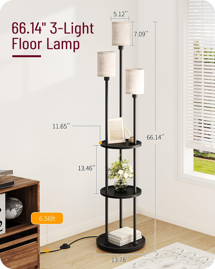 Floor Lamp with Shelves, 3-Light Floor Lamps, Modern Standing Lamp with Linen Shades and Foot Switch, 66.1'' Tall