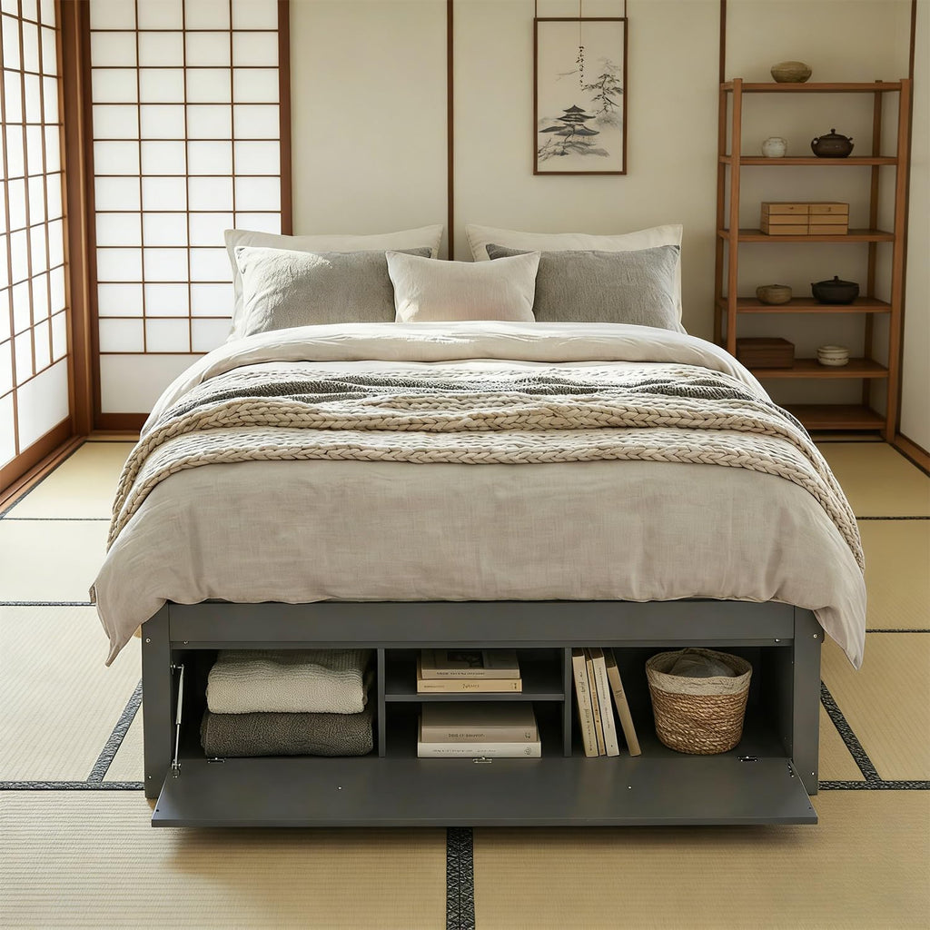 Farmhouse Wood Bed Frame, Japanese Low Platform Wooden Beds Frames with 4 Drawers & Concealed Hydraulic