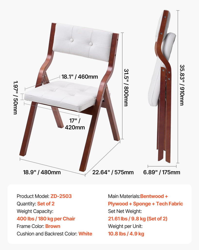 Wooden Folding Chairs with Cushion, Set of 2, Portable Foldable Cushion Chair with Wooden Frame, Modern Padded Dining