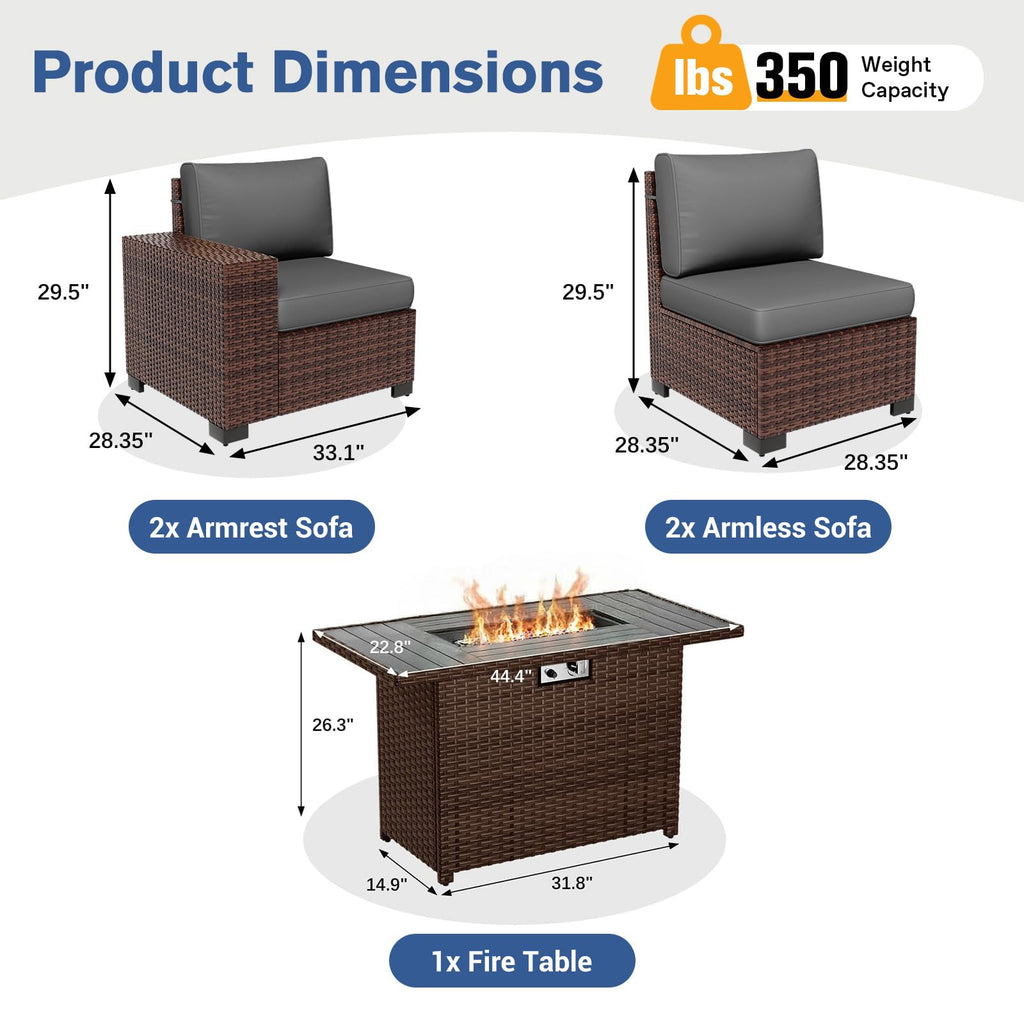Patio Furniture Set with 44'' Fire Pit Table, 5 Pcs Outdoor Sectional Sofa