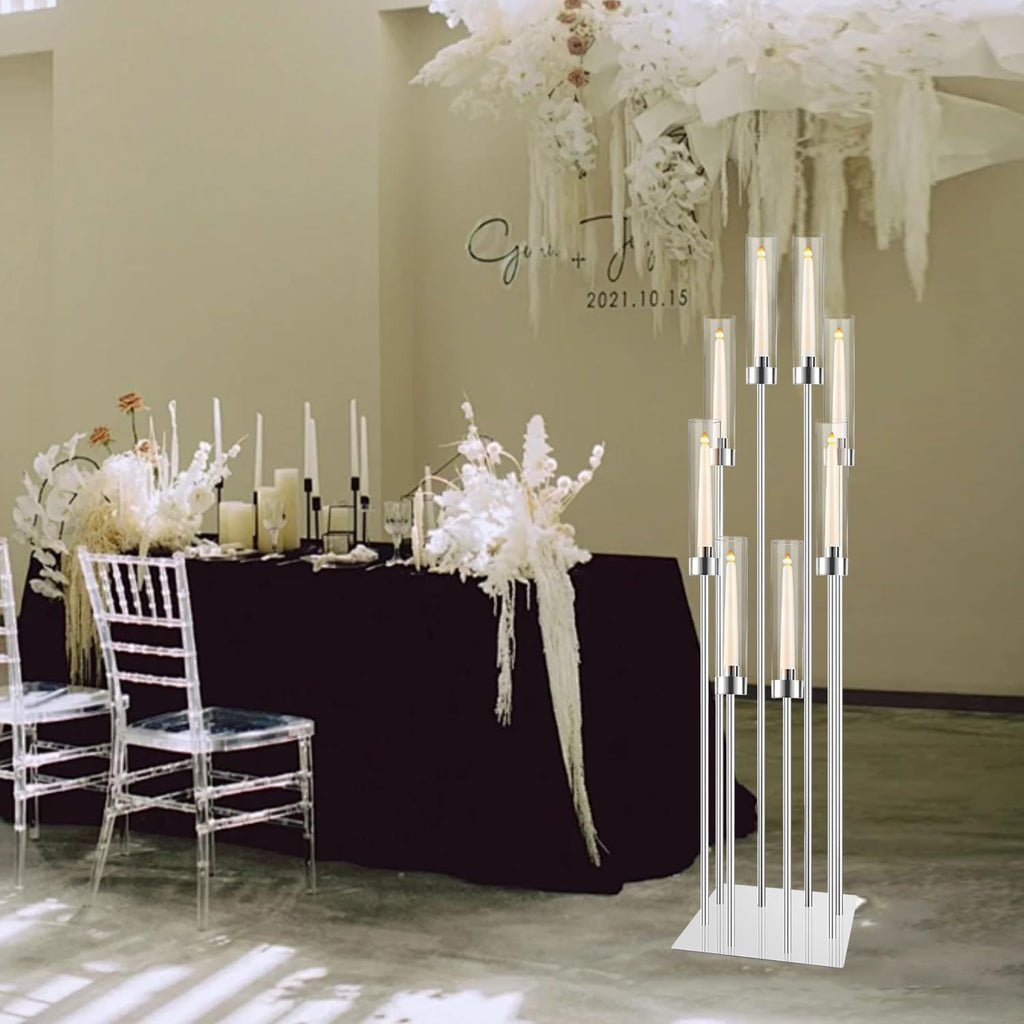 Large Floor Candelabra for Centerpiece: 8-arm Floor Candleholders with Acrylic Shades for LED Candles, Metal Pillar