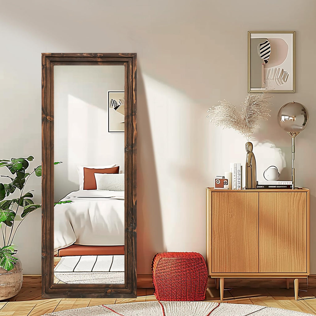 58x22in Full Length Mirror, 3-Tier Stepped Solid Wood Frame, Brown