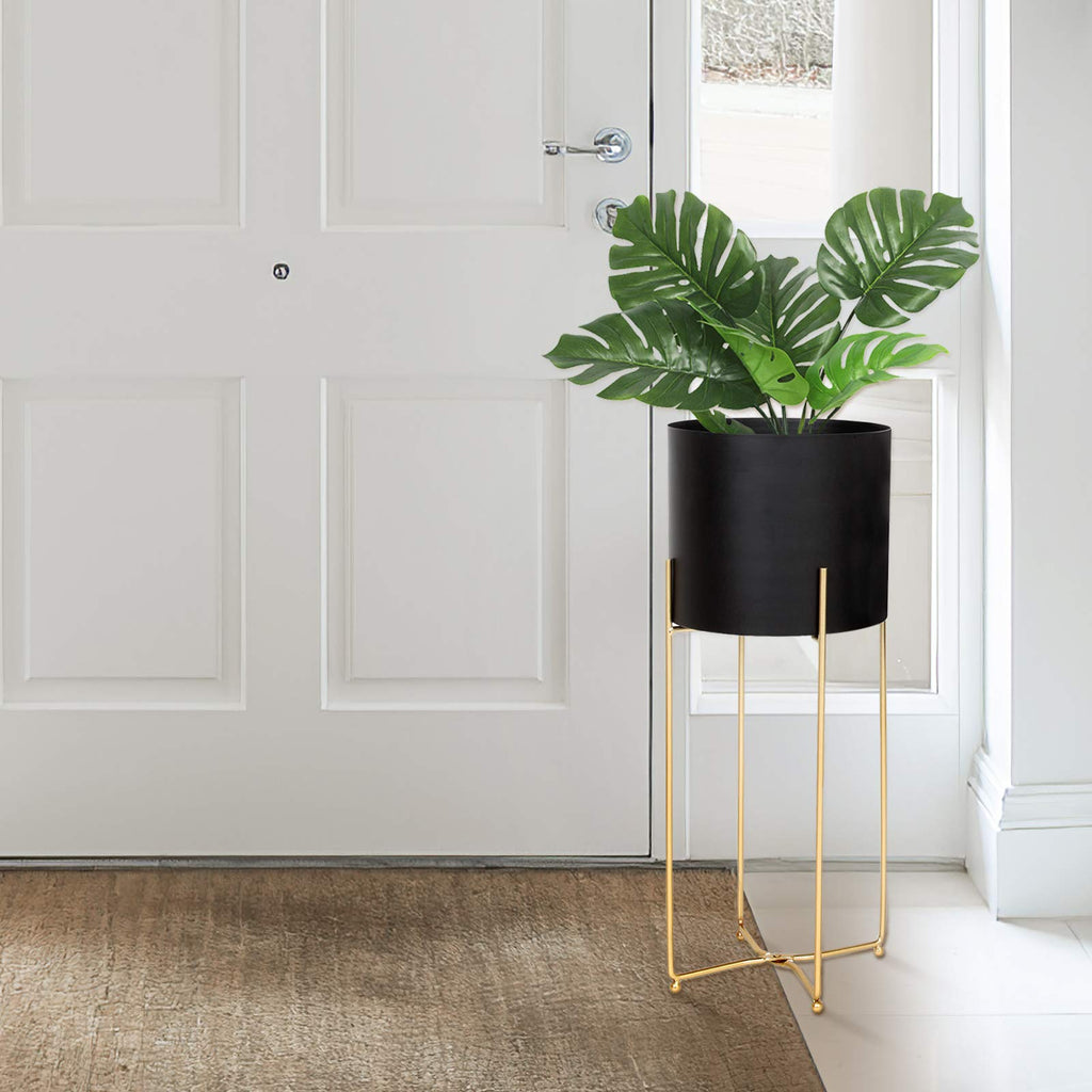 Modern Planters Stand with Pot, Mid Century Tall Black Planter with Gold Plant Stand, Floor Planter for Indoor Plants