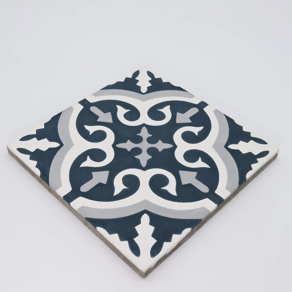 Argana Handmade Cement Tile, 8" x 8", Grey White Blue