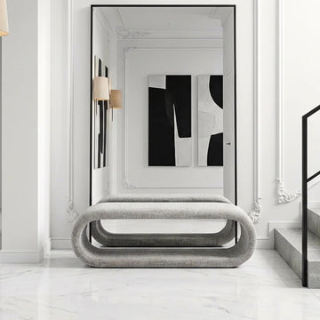 Shoe Bench, 52.2''W Curved Modern No-Assembly End of Bed Bench Ottoman, Cloakroom, Passageway, Warm Oatmeal Gray.