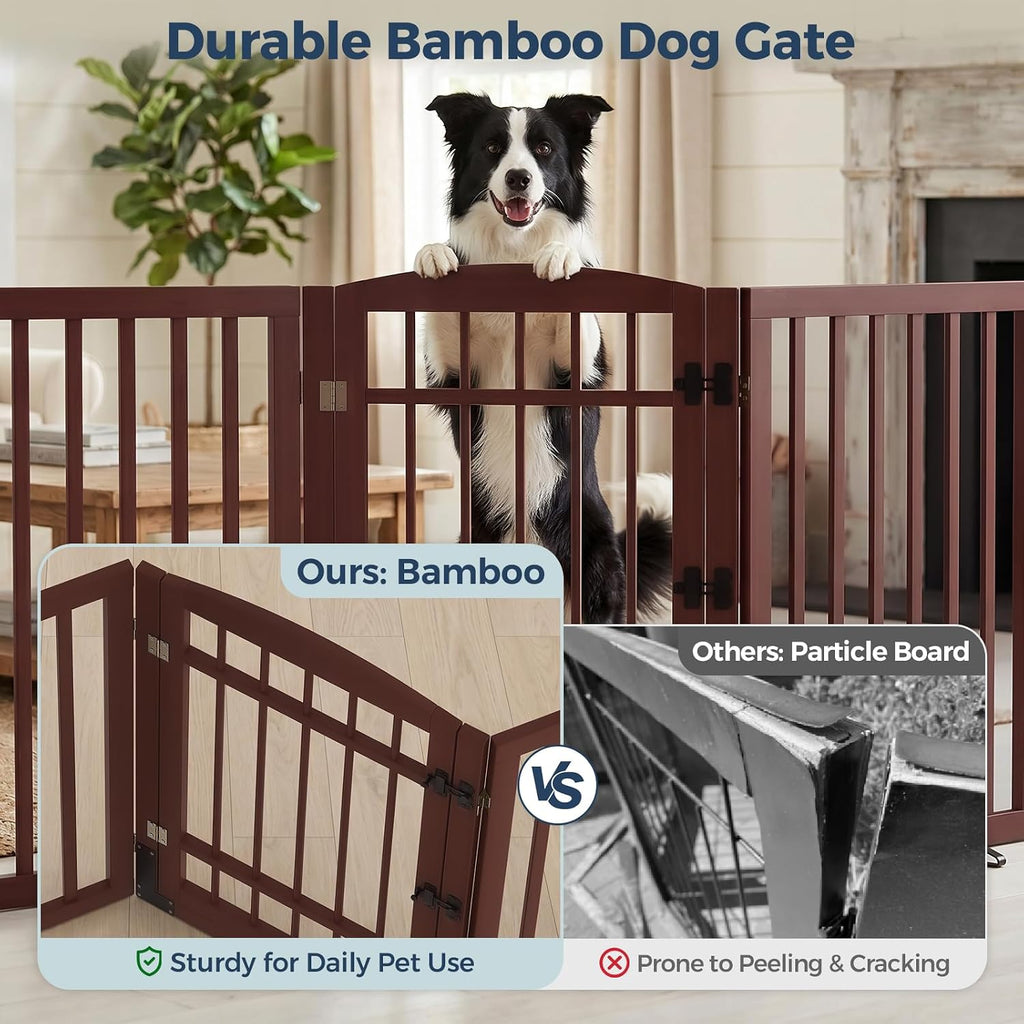 Dog Gate Indoor, 132" Wide Bamboo Pet Gate with Door, 30"H, Espresso