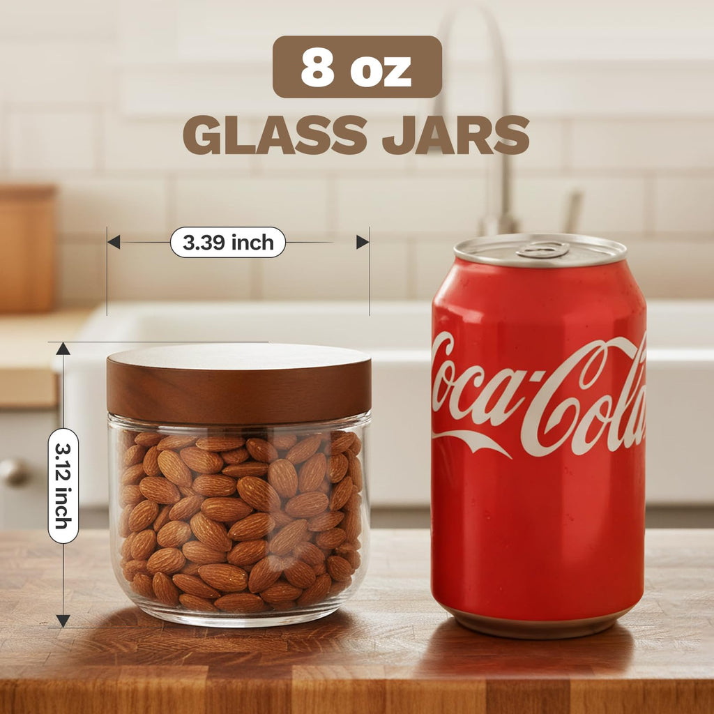 8 oz Glass Jars with Wood Lids, Loose Leaf Tea Storage, 6 Pack