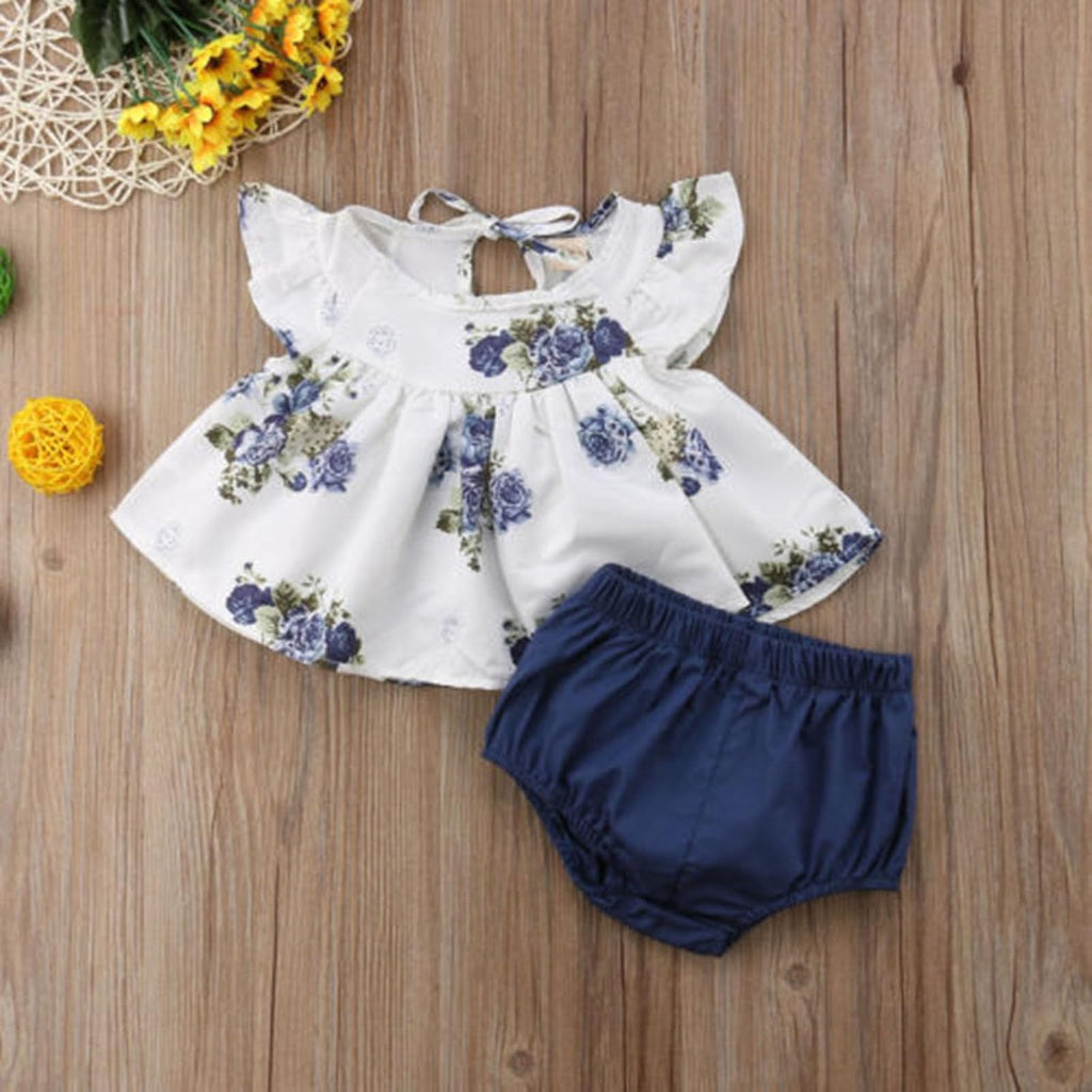 Newborn Baby Girl Floral Summer Clothes Outfit Infant Ruffle Sleeveless Peplum Shirt Top Bloomer Shorts Set