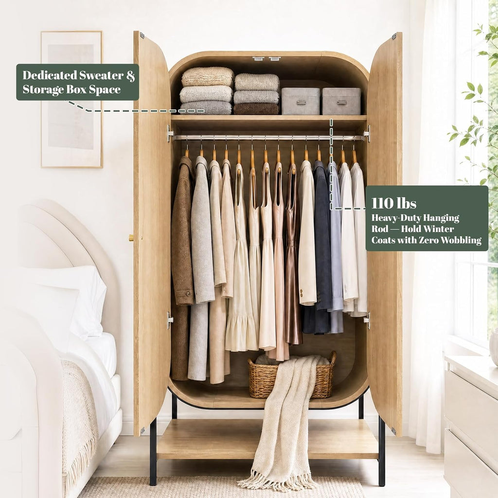 Arched Armoire Wardrobe Closet, Modern Wood Bedroom Clothing Storage Cabinet with Fluted Doors, 66" Tall Standing