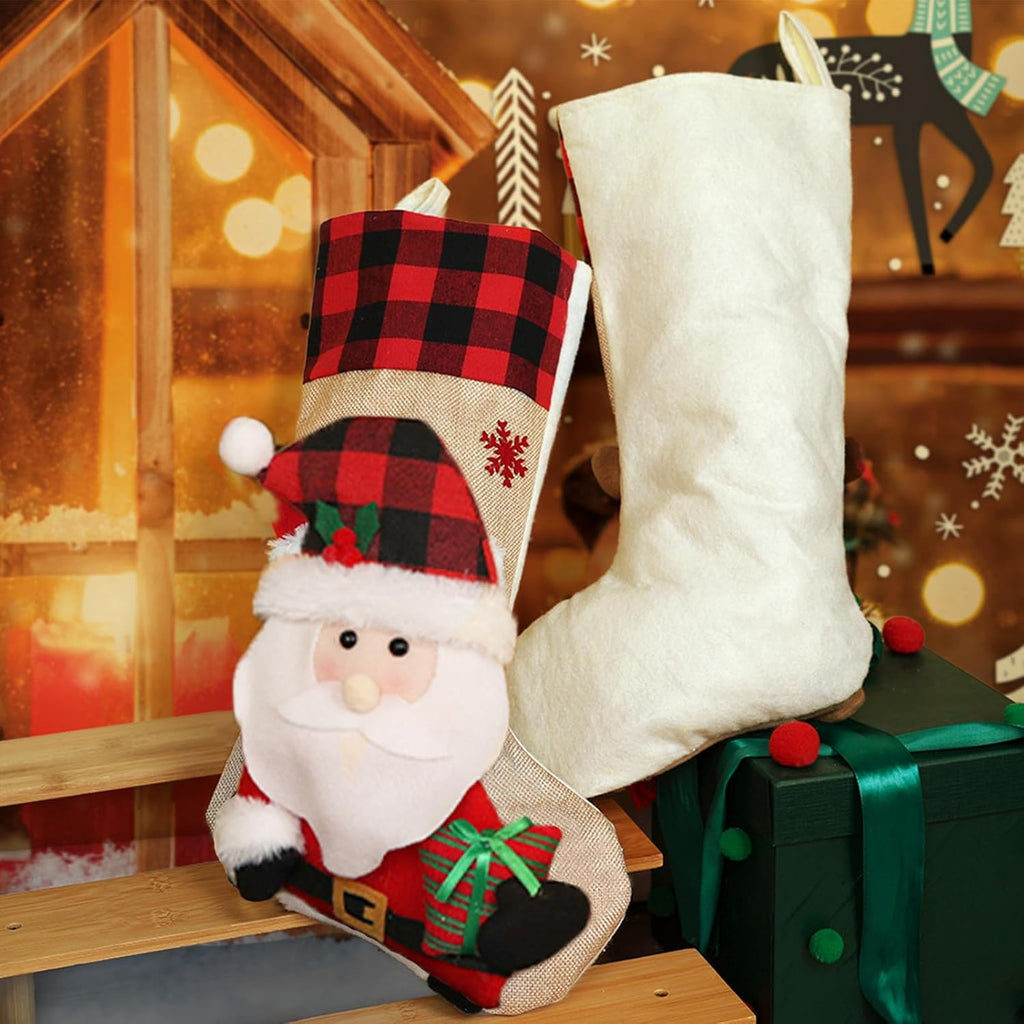 Christmas Stockings Large 18'' 3Pcs - Xmas Stocking Burlap with Plaid and Santa, Snowman, Reindeer for Family Holiday