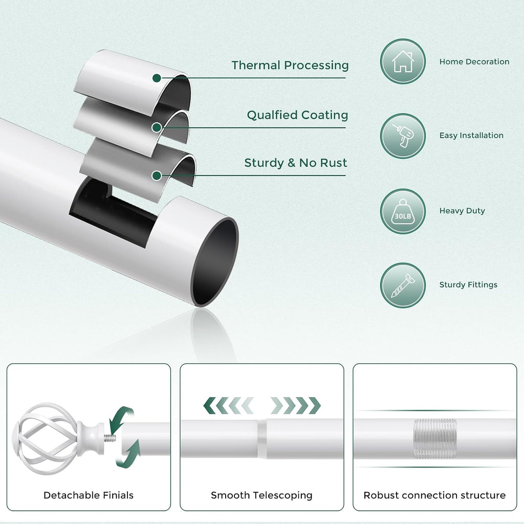 White Curtain Rod, Decorative Curtain Rods for Windows with Twisted Cage Finials, 3/4" Adjustable Heavy