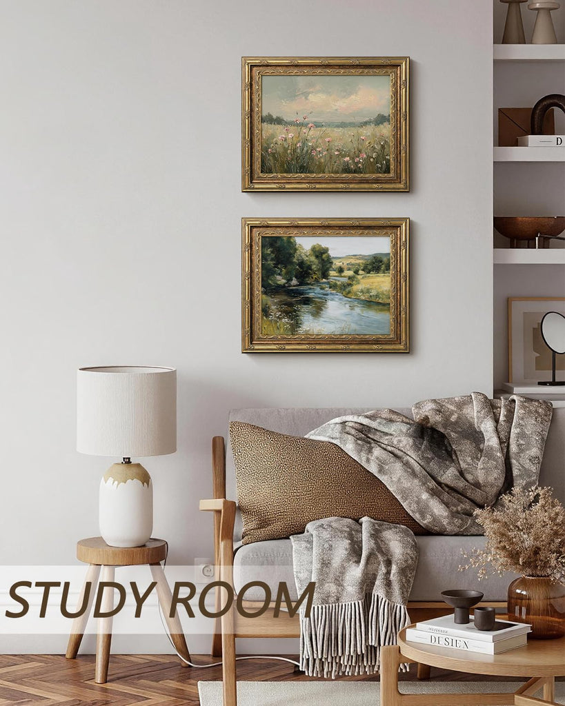 Gold Framed Landscape Wall Art, Wildflower Filed Canvas Print