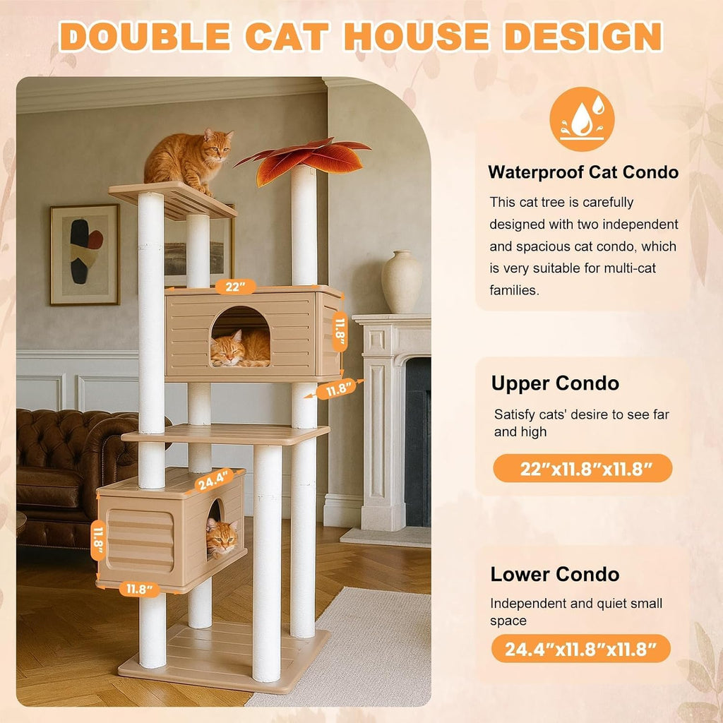 64in Weatherproof Outdoor Cat Tower, Multi Level with Two Large Cat Condos