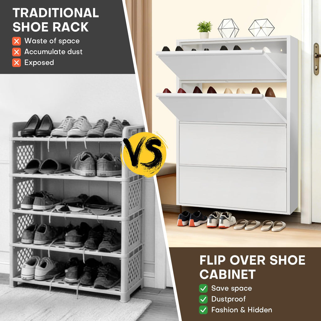 Shoe Storage Cabinet with 4 Flip Drawers, Hidden Slim Narrow Shoe Rack Cabinet, Wall Mount Metal Shoe Cabinet, White