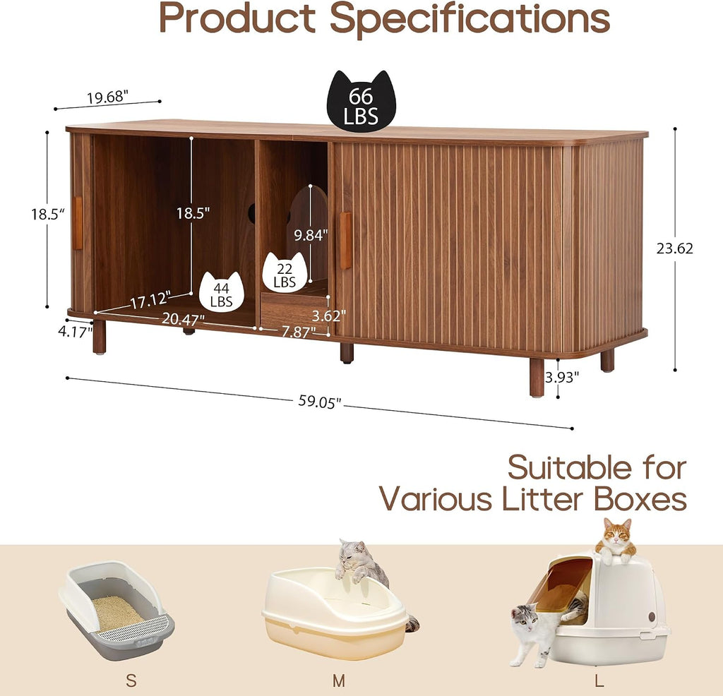 59" Wooden Hidden Double Cat Litter Box Enclosure Furniture