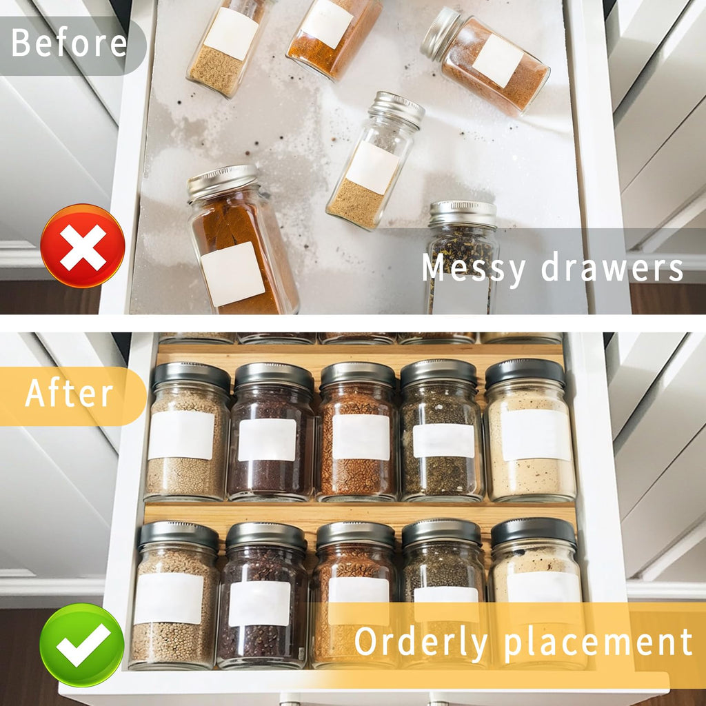 Bamboo Spice Rack For Drawer,4Pcs Tier Stackable Seasoning Storage Organizer Insert, Condiments Storage Insert(Jars