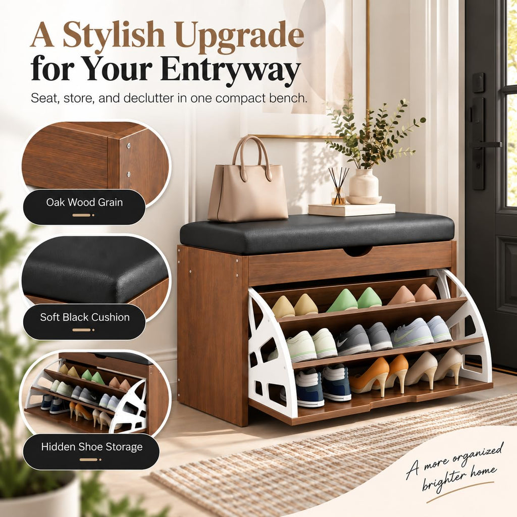 Wood Shoe Storage Bench with Cushion, Flip-up Drawer